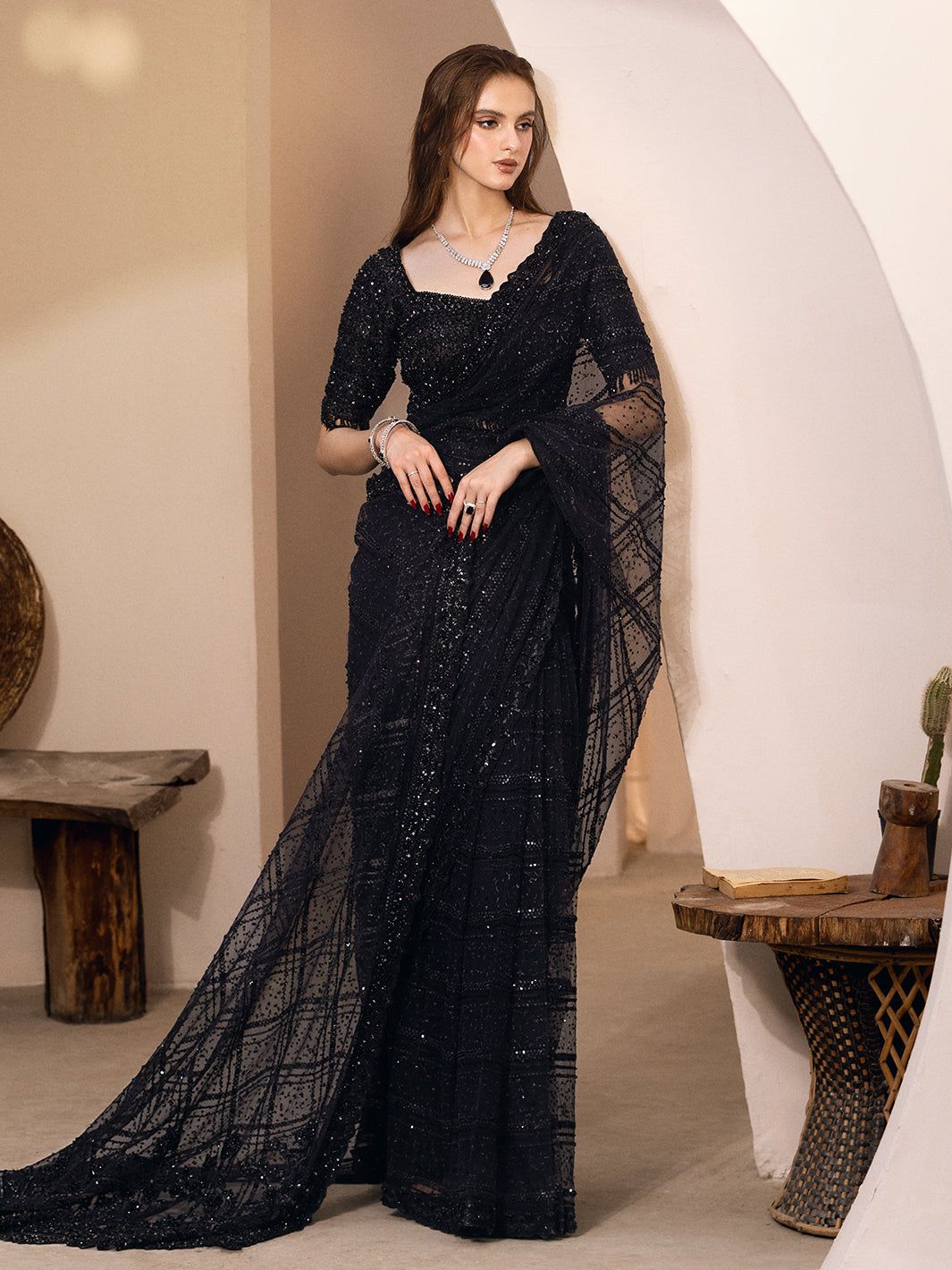 Black Hand-Embellished Net Saree (2-Piece) - Image 3