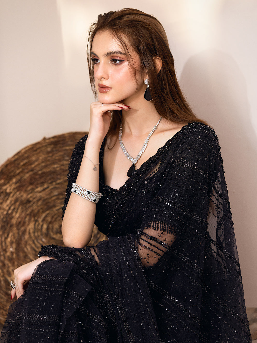 Black Hand-Embellished Net Saree (2-Piece) - Image 5