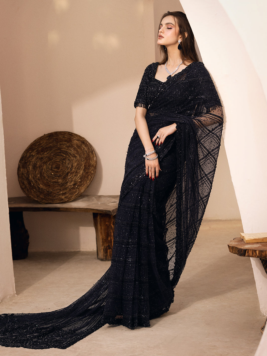 Black Hand-Embellished Net Saree (2-Piece) - Image 6
