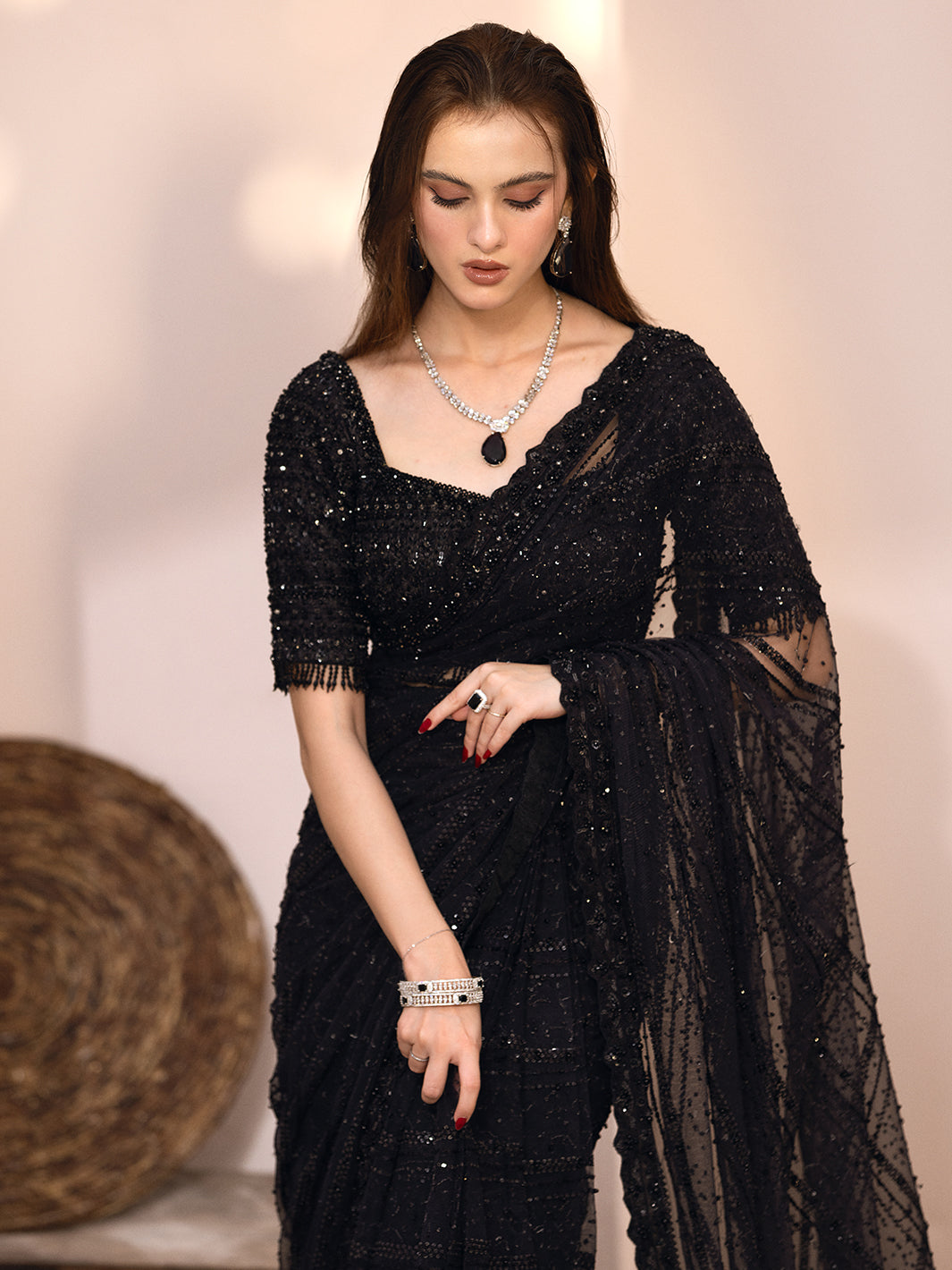 Indian Black Hand-Embellished Net Saree (2-Piece) - Image 1