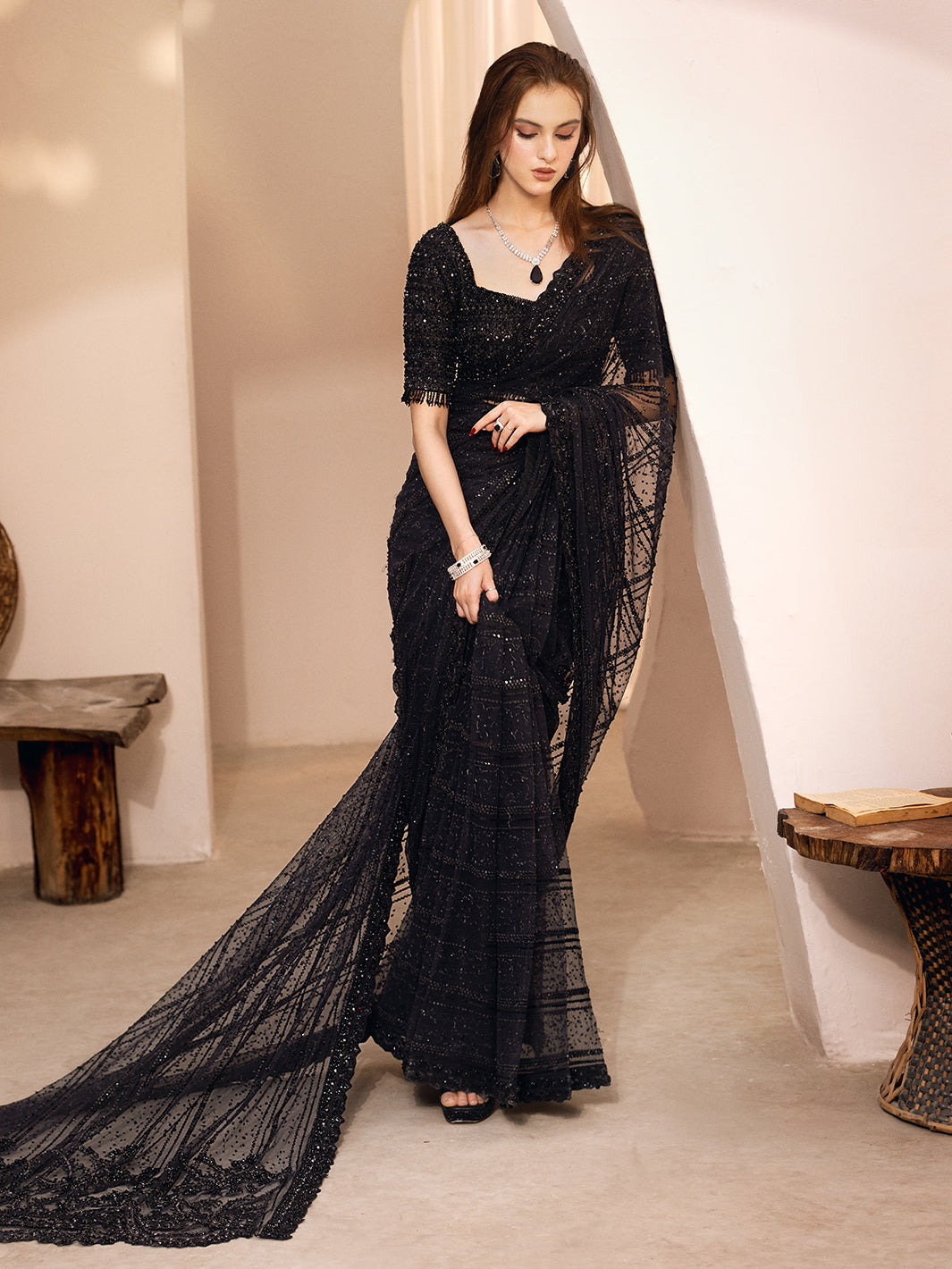 Indian Black Hand-Embellished Net Saree (2-Piece) - Image 10