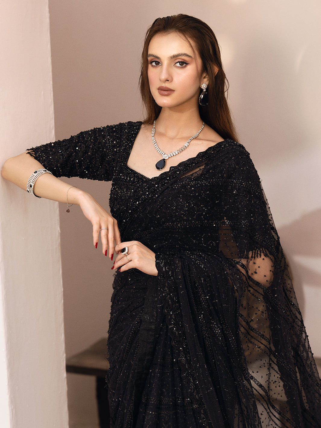 Indian Black Hand-Embellished Net Saree (2-Piece) - Image 13