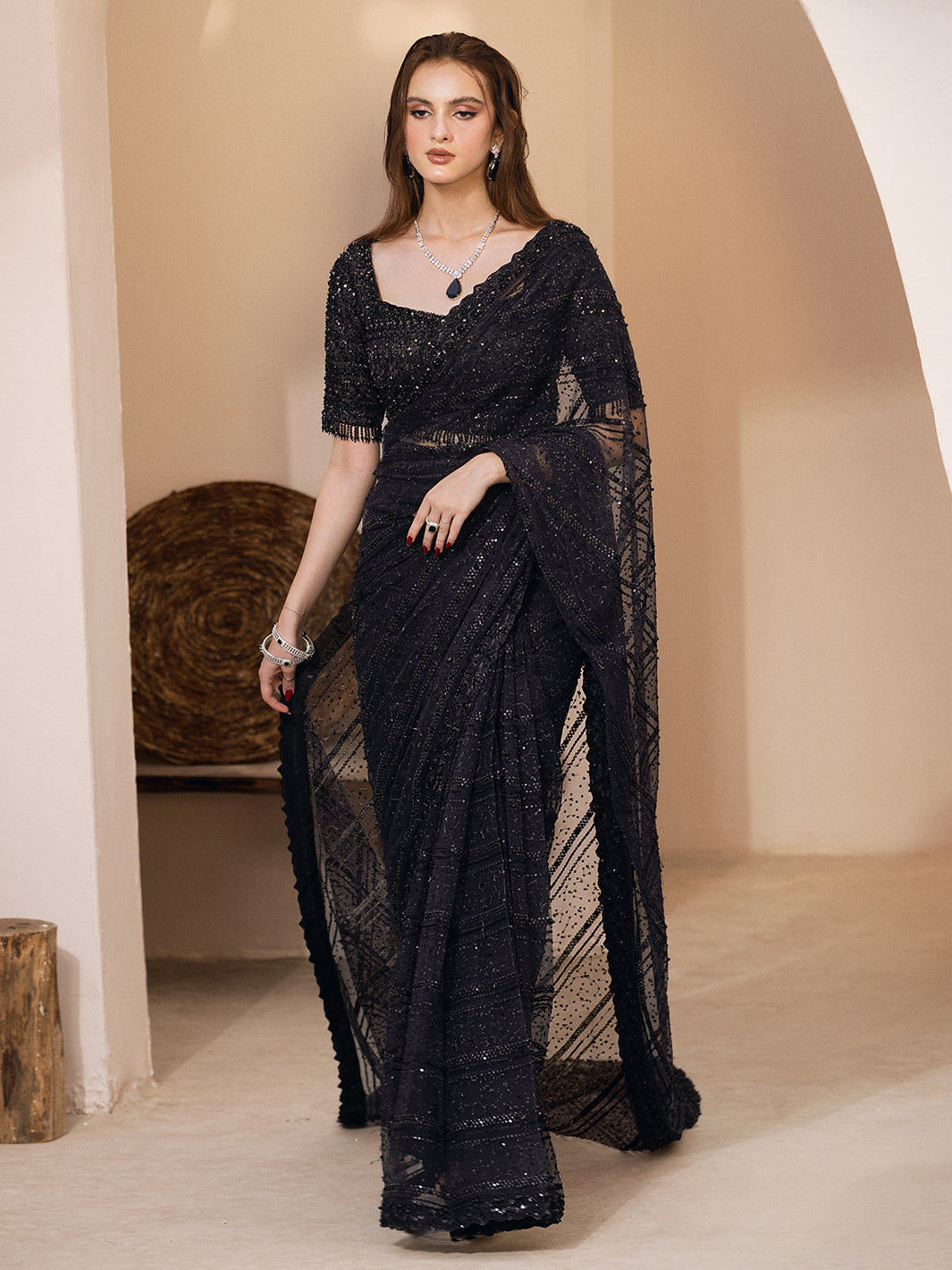 Indian Black Hand-Embellished Net Saree (2-Piece) - Image 4