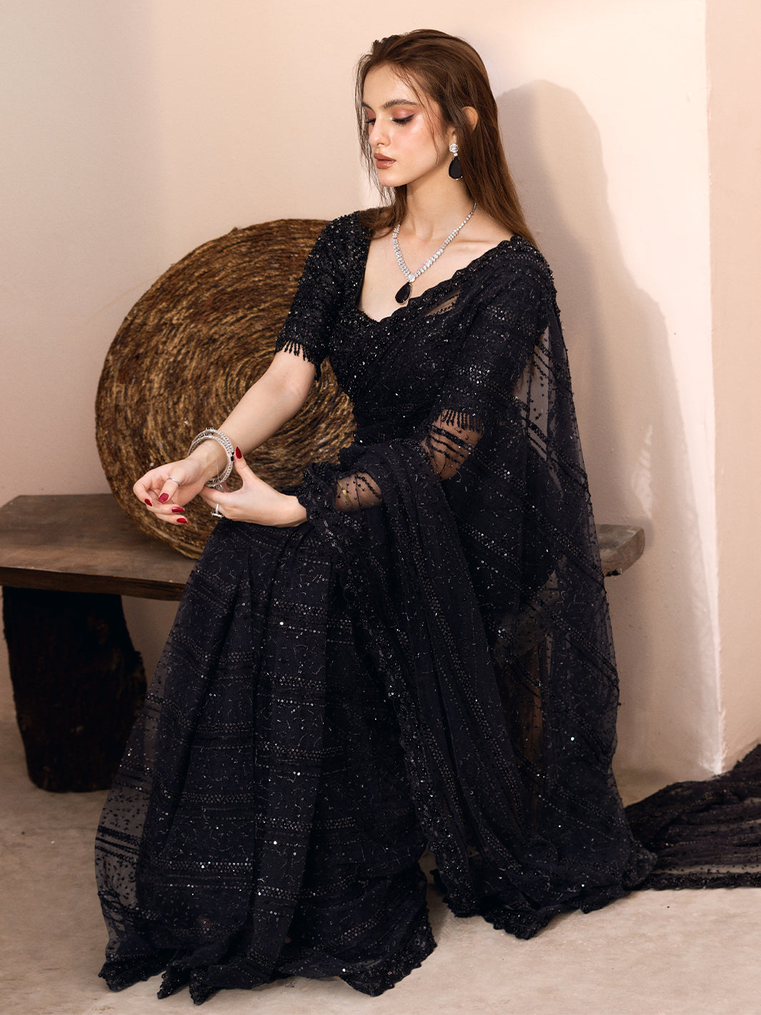 Indian Black Hand-Embellished Net Saree (2-Piece) - Image 7