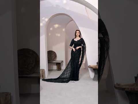 Indian Black Hand-Embellished Net Saree (2-Piece) - Image 8