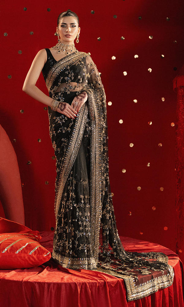 Black Embroidered Net Saree (2-Piece) - Image 2
