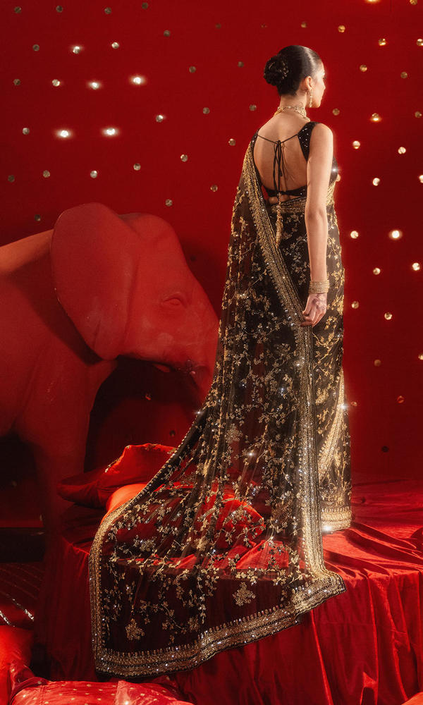 Black Embroidered Net Saree (2-Piece) - Image 6