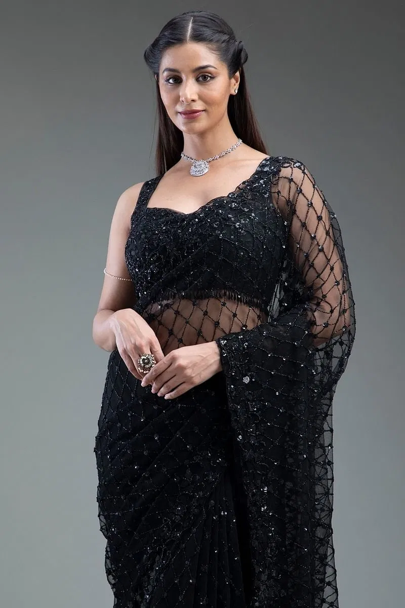 Indian Black Cutdana Sequins Net Saree (2-Piece) - Image 2