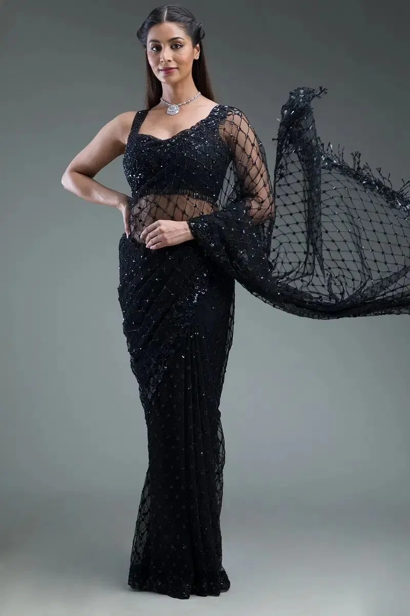 Indian Black Cutdana Sequins Net Saree (2-Piece) - Image 3