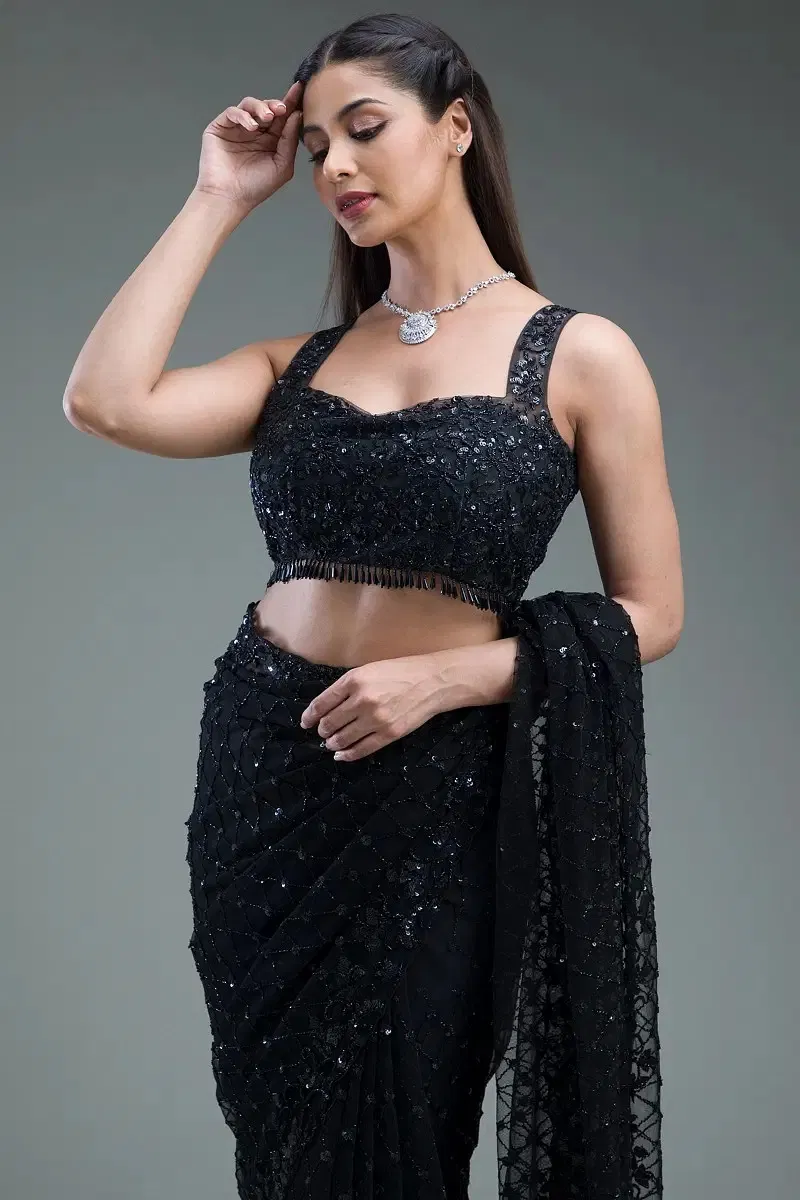 Indian Black Cutdana Sequins Net Saree (2-Piece) - Image 4