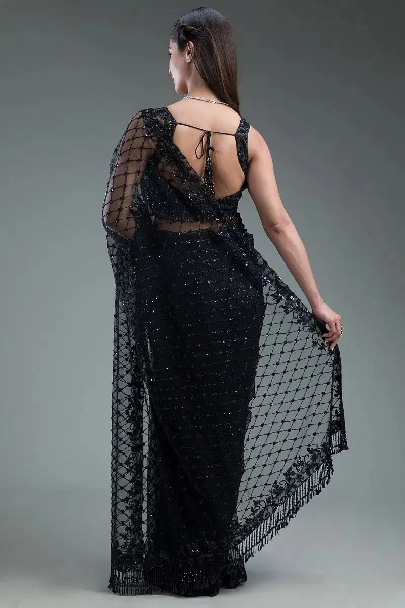 Indian Black Cutdana Sequins Net Saree (2-Piece) - Image 5