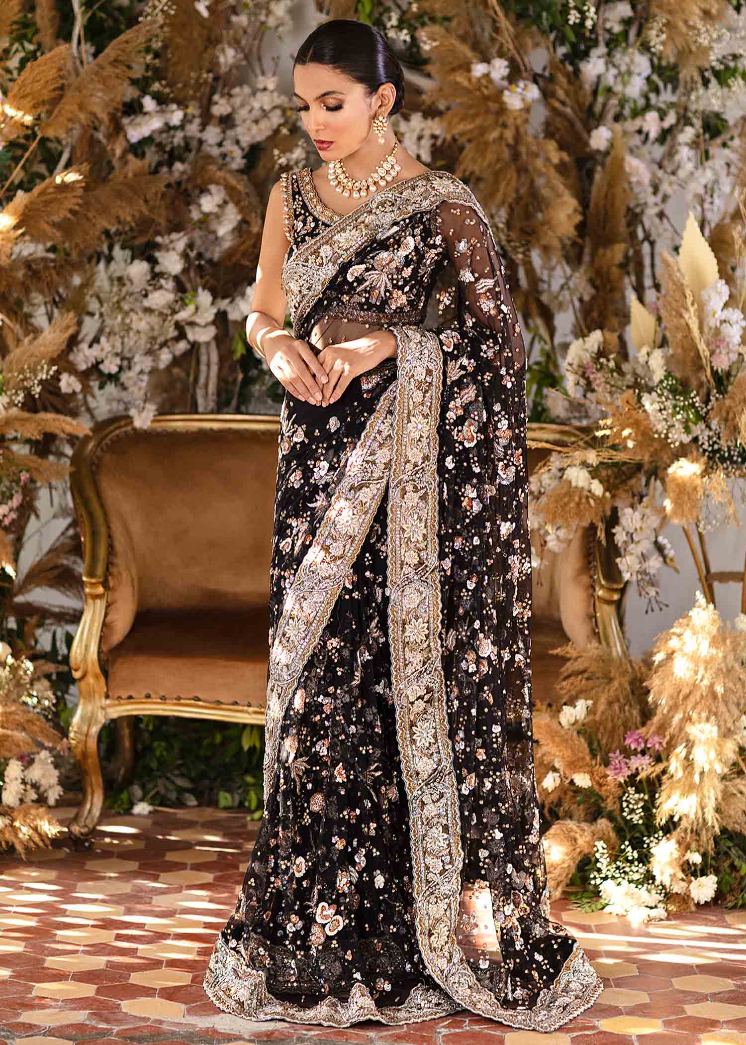 Pakistani Black Hand-Embellished Net Saree (2-Piece) - Image 1