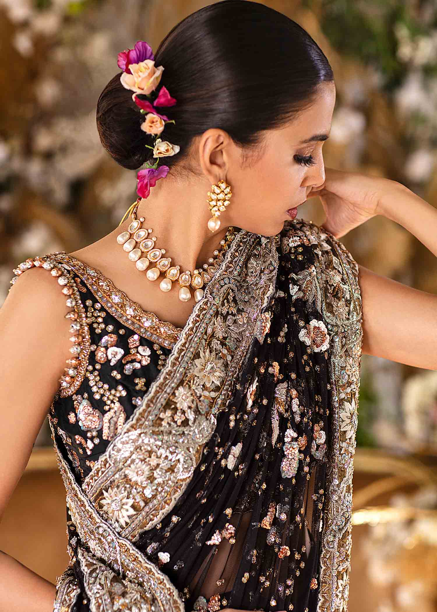 Black Hand-Embellished Net Sari (2-Piece) - Image 2