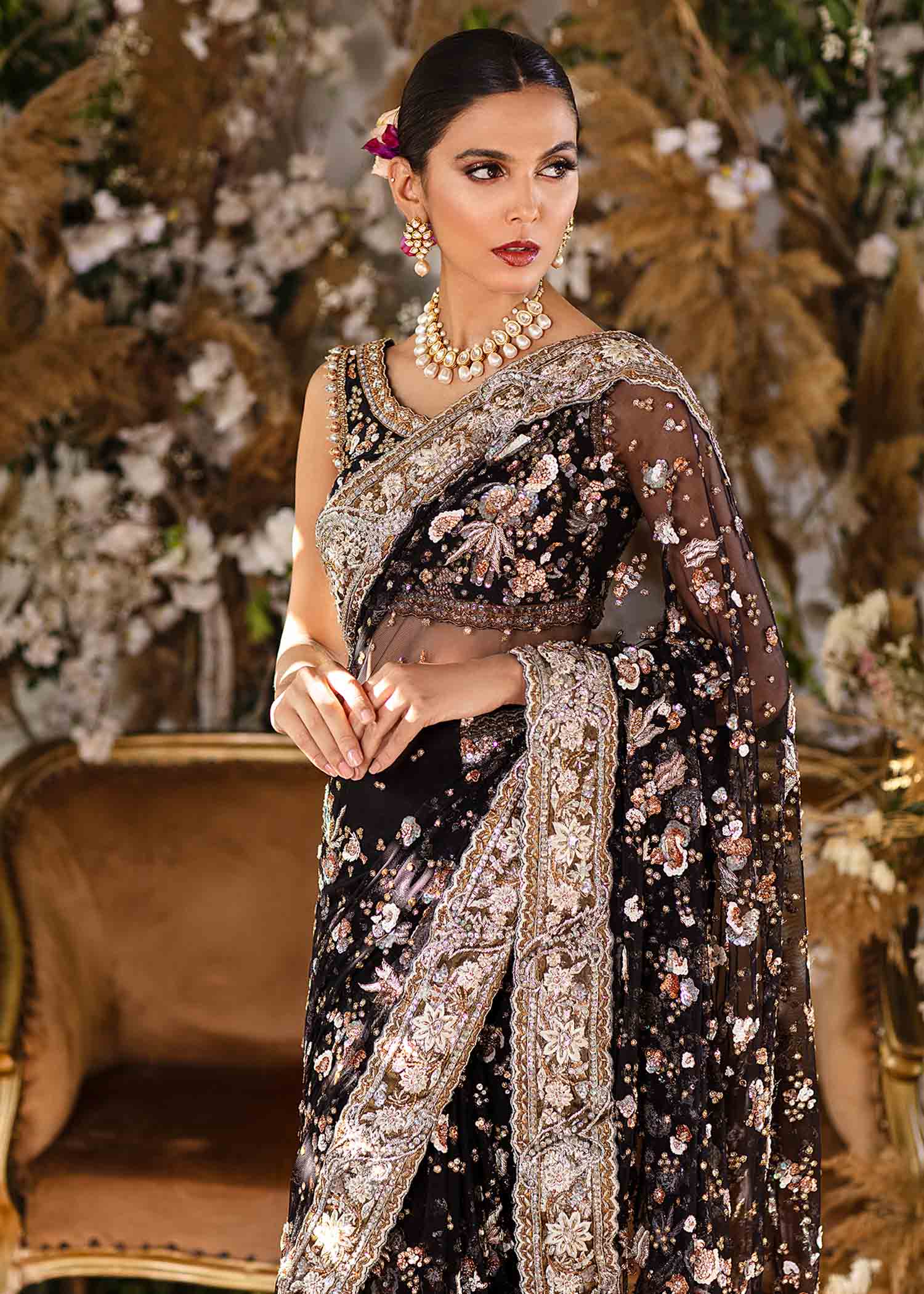 Black Hand-Embellished Net Sari (2-Piece) - Image 3