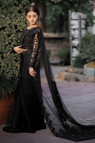 Black Hand-Embroidered Net Saree Set (3-Piece) - Image 4