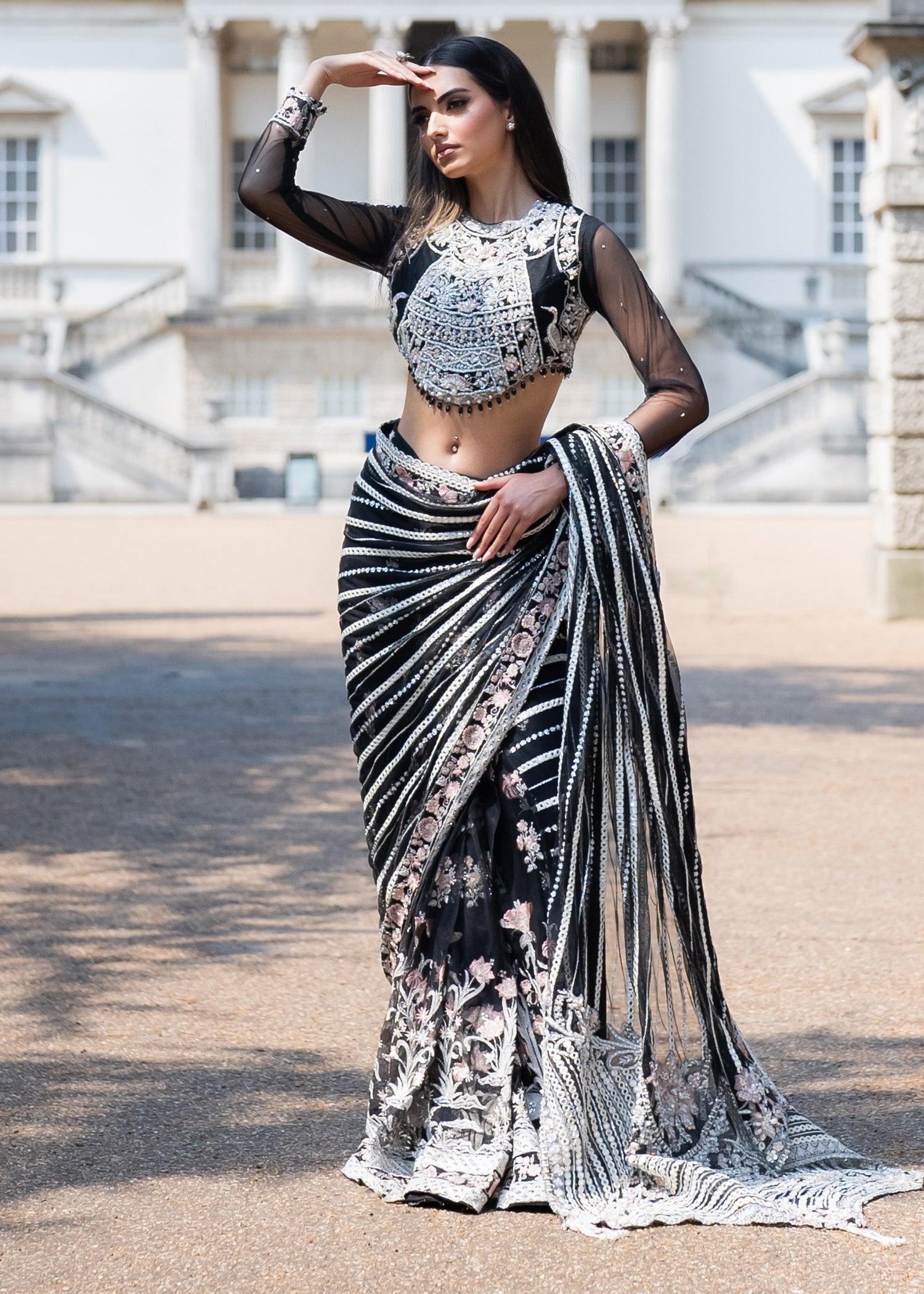 Pakistani Black Embellished Net Saree (2-Piece) - Image 1