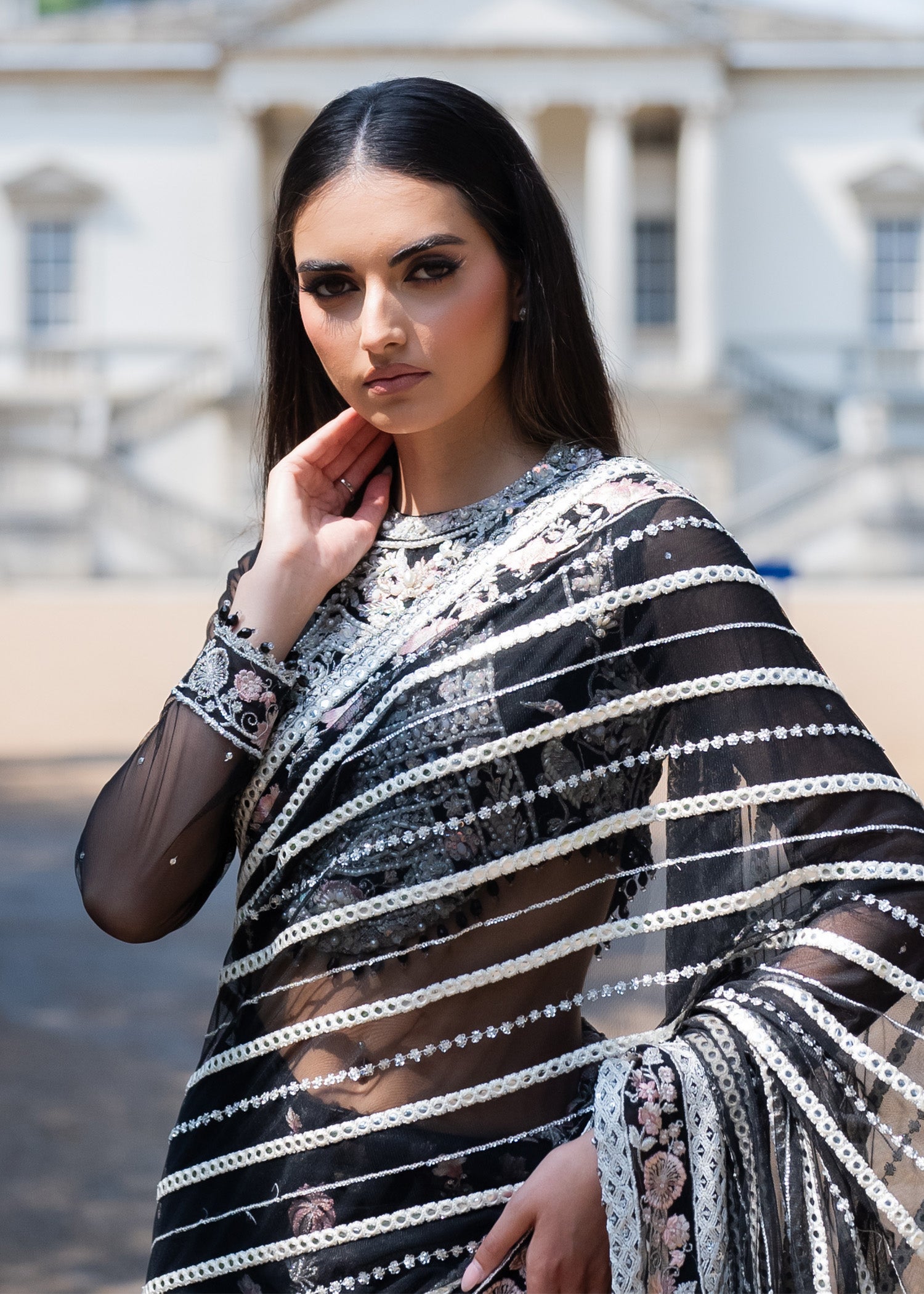 Pakistani Black Embellished Net Saree (2-Piece) - Image 2