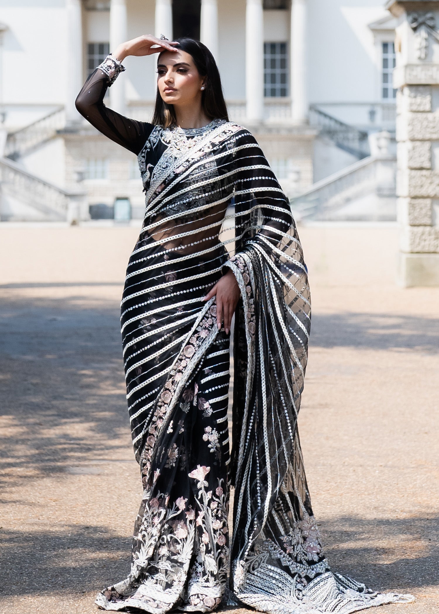 Pakistani Black Embellished Net Saree (2-Piece) - Image 3