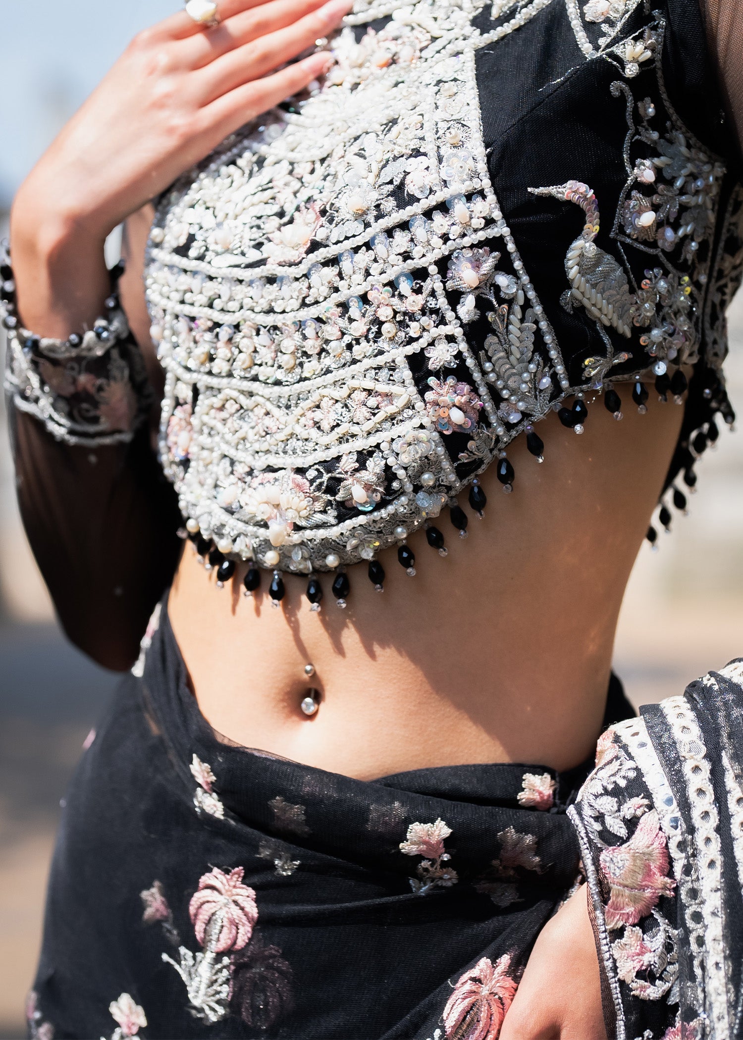 Pakistani Black Embellished Net Saree (2-Piece) - Image 4