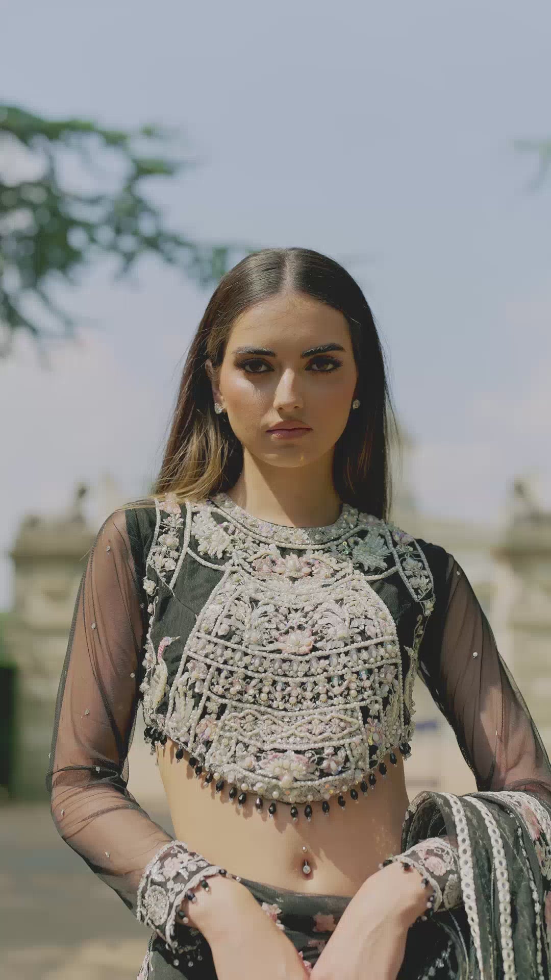 Pakistani Black Embellished Net Saree (2-Piece) - Image 6