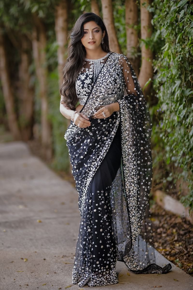 Indian Black Pearl & Sequin Net Saree (2-Piece) - Image 1