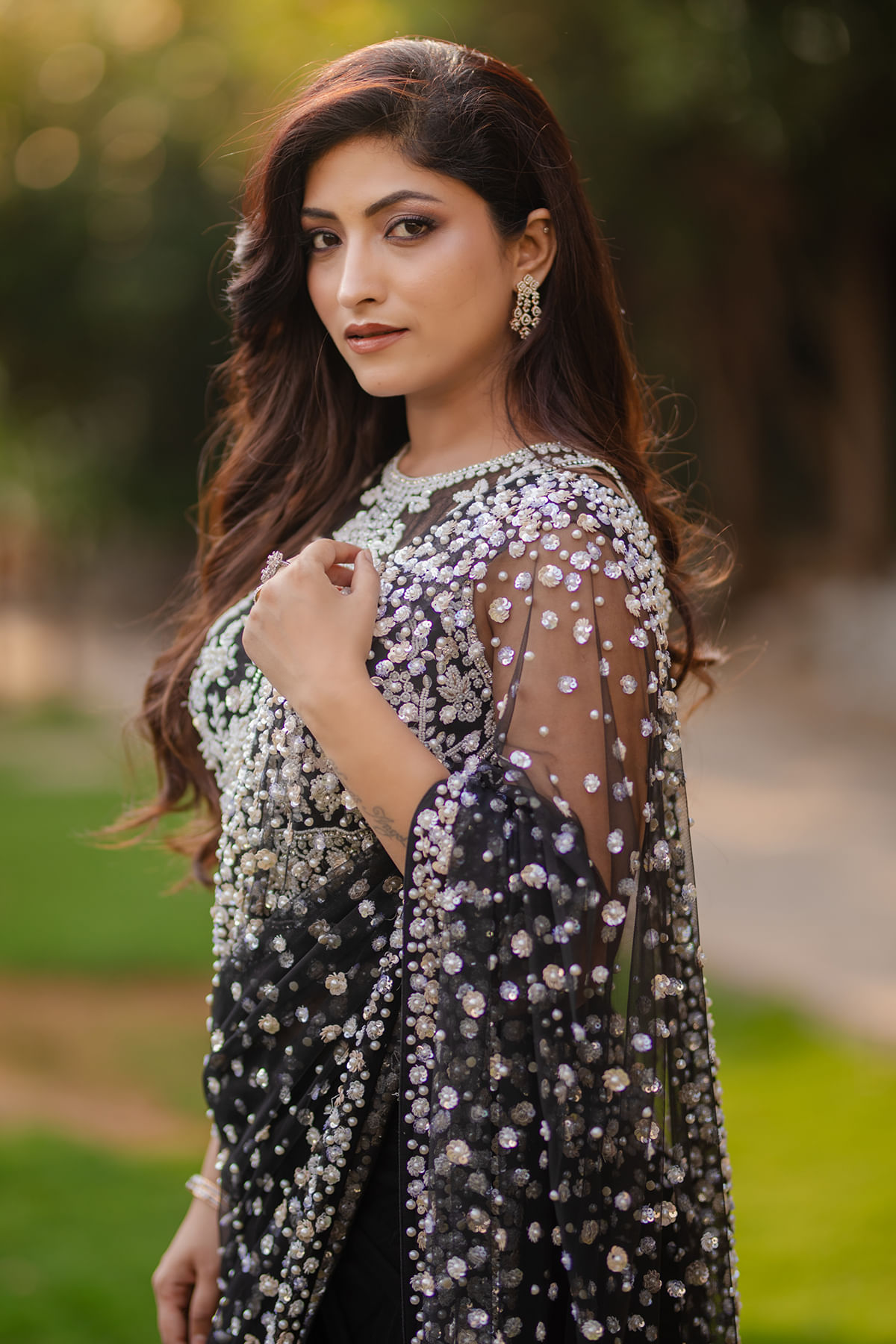 Indian Black Pearl & Sequin Net Saree (2-Piece) - Image 10