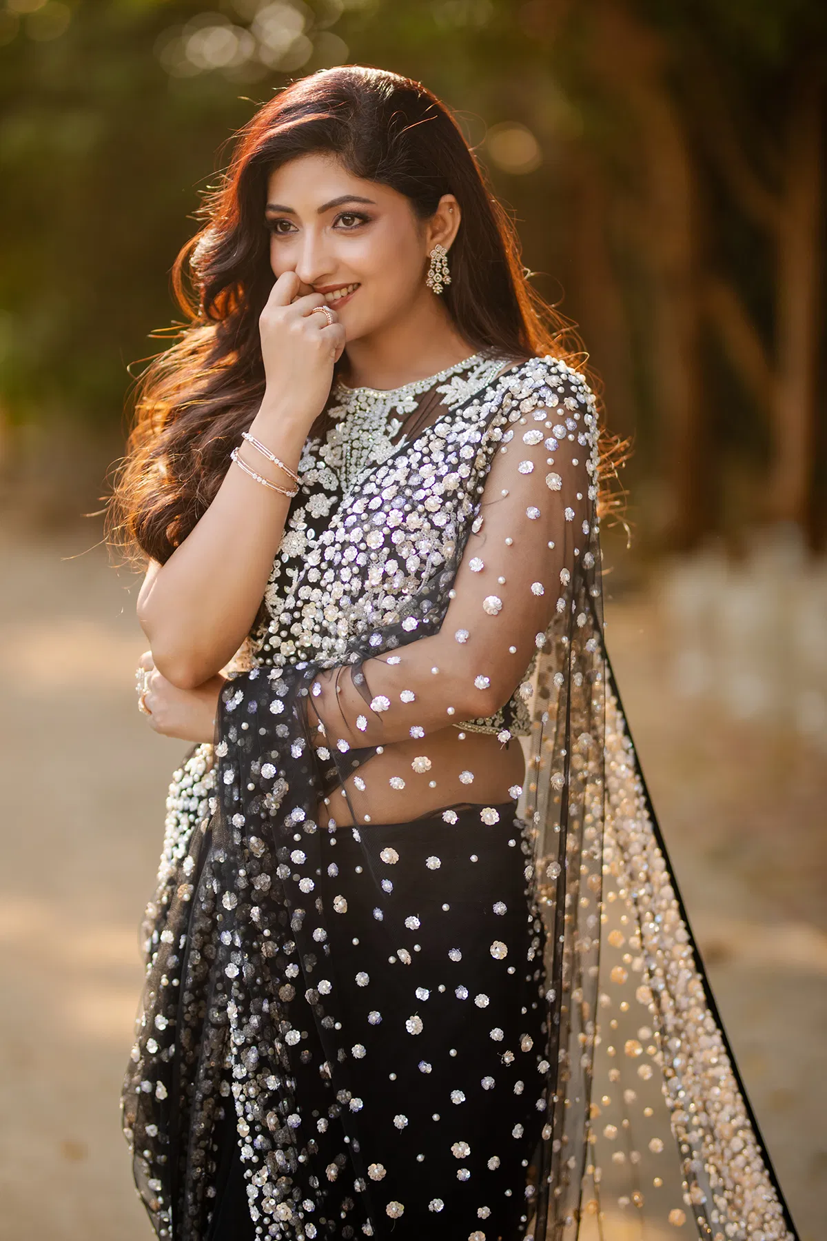 Indian Black Pearl & Sequin Net Saree (2-Piece) - Image 11