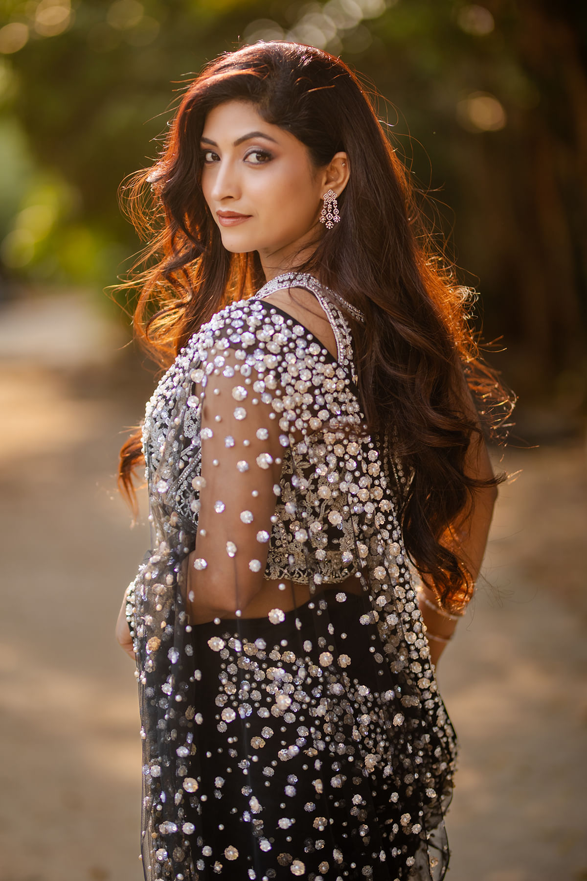 Indian Black Pearl & Sequin Net Saree (2-Piece) - Image 12