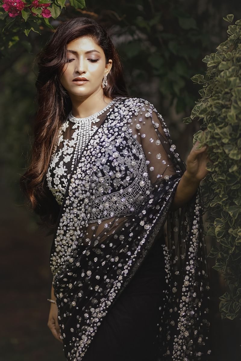 Indian Black Pearl & Sequin Net Saree (2-Piece) - Image 2