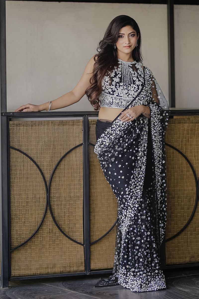 Indian Black Pearl & Sequin Net Saree (2-Piece) - Image 5