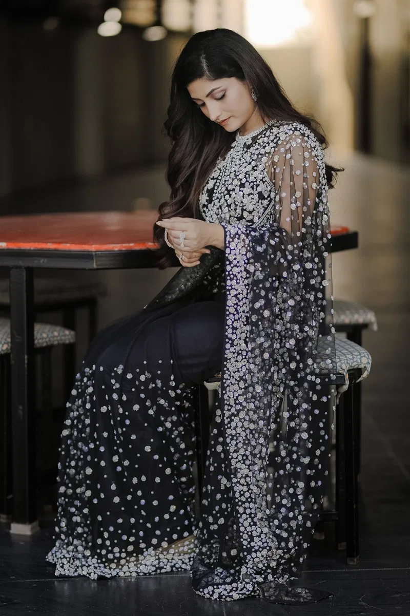 Indian Black Pearl & Sequin Net Saree (2-Piece) - Image 6