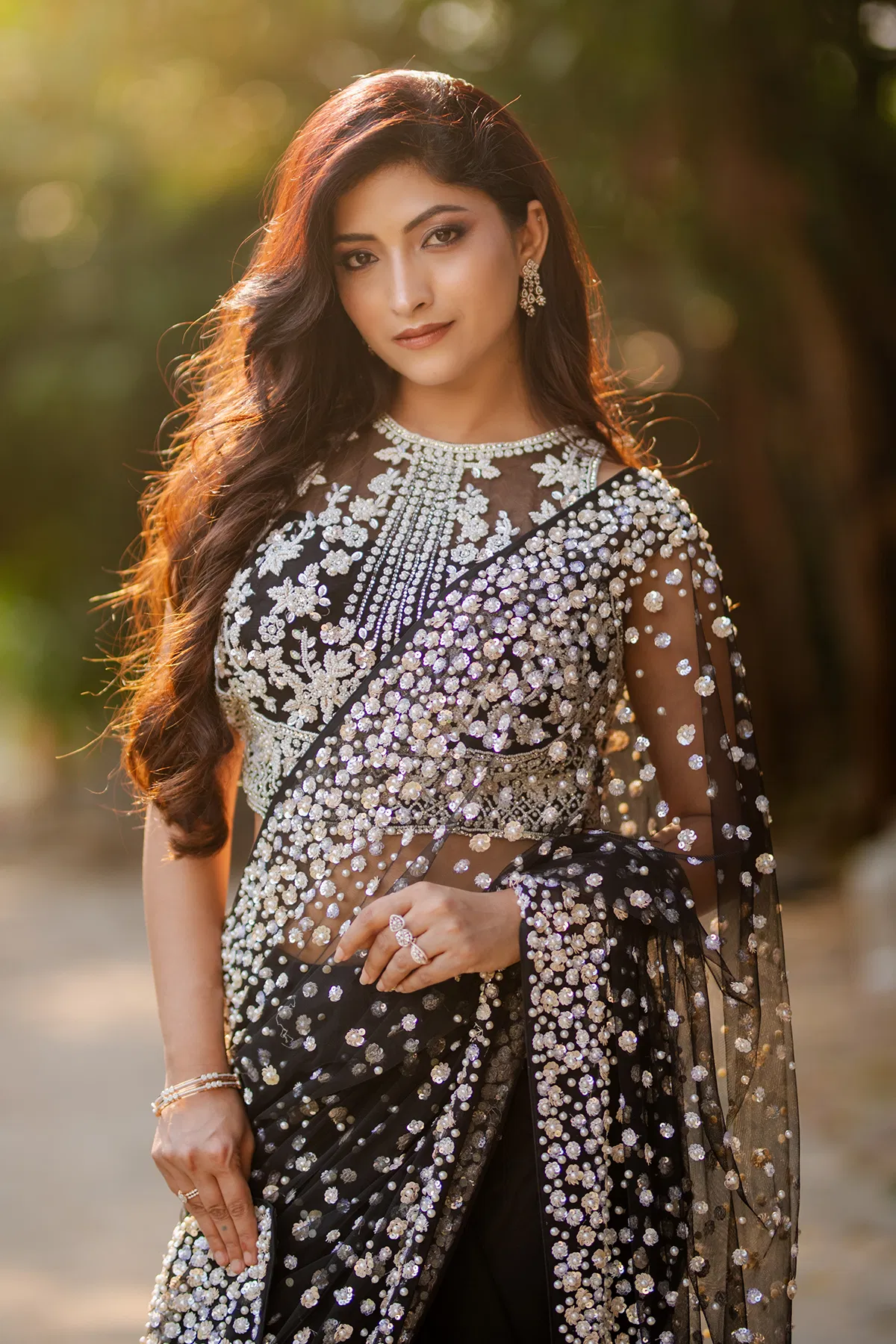 Indian Black Pearl & Sequin Net Saree (2-Piece) - Image 7