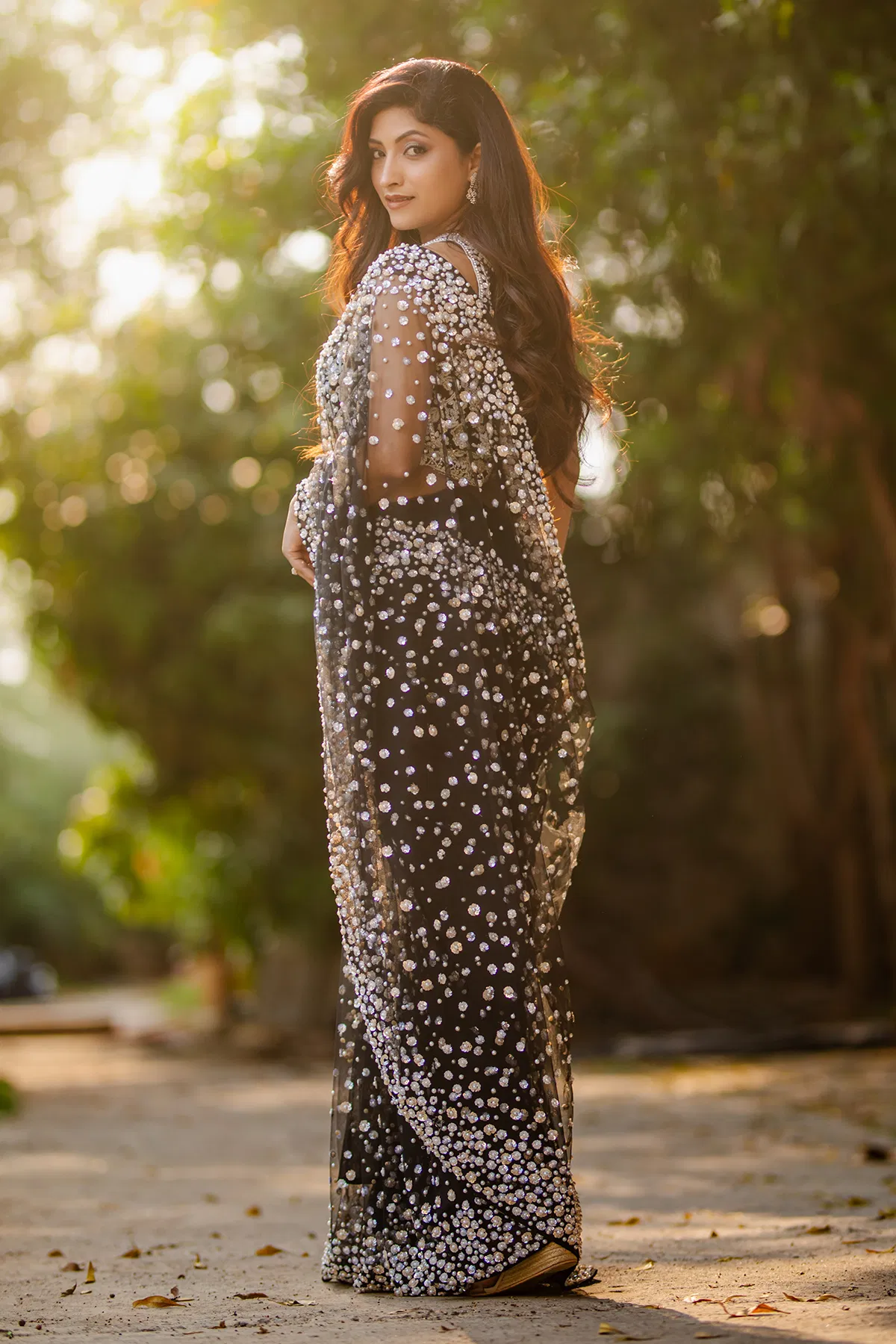 Indian Black Pearl & Sequin Net Saree (2-Piece) - Image 8