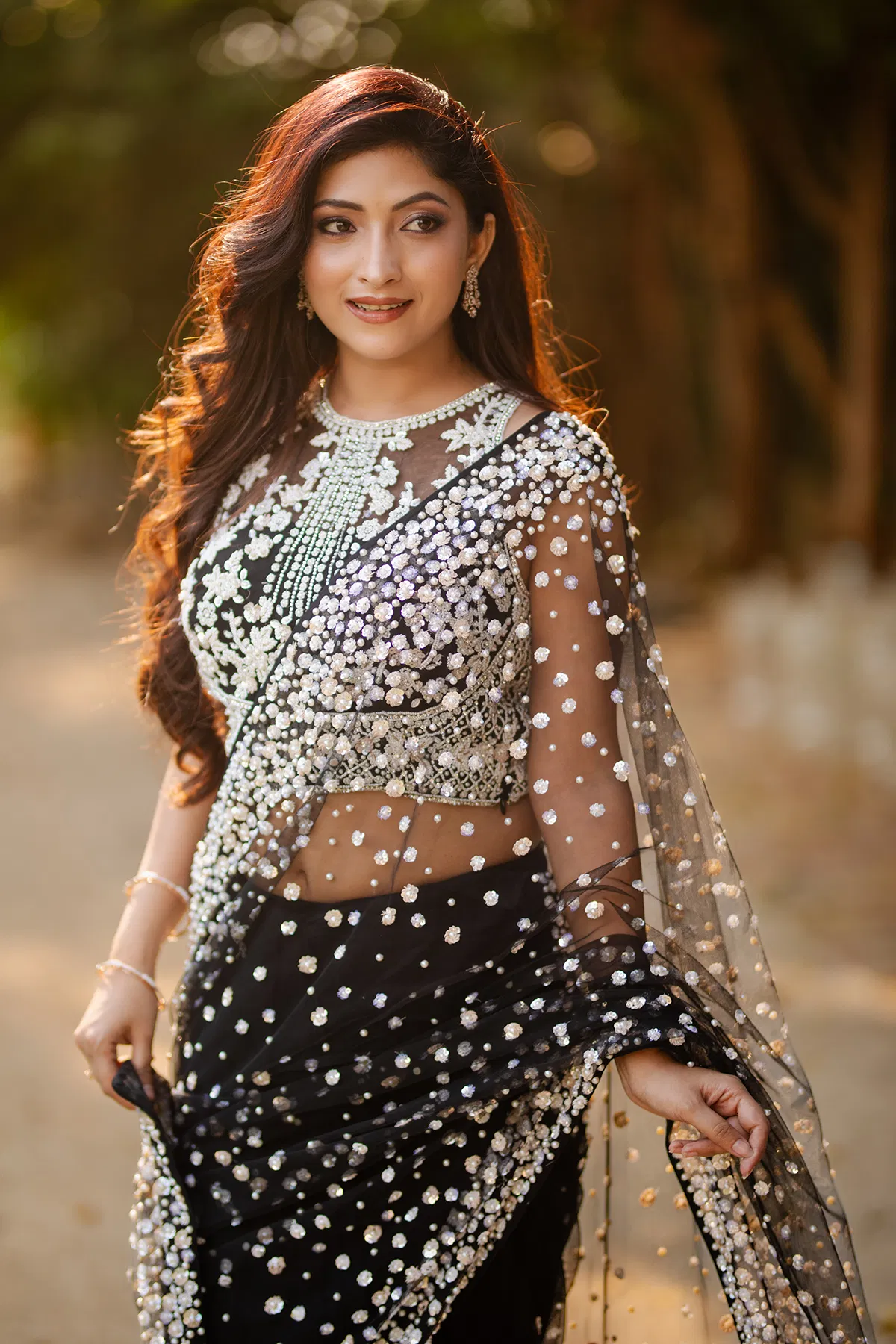 Indian Black Pearl & Sequin Net Saree (2-Piece) - Image 9