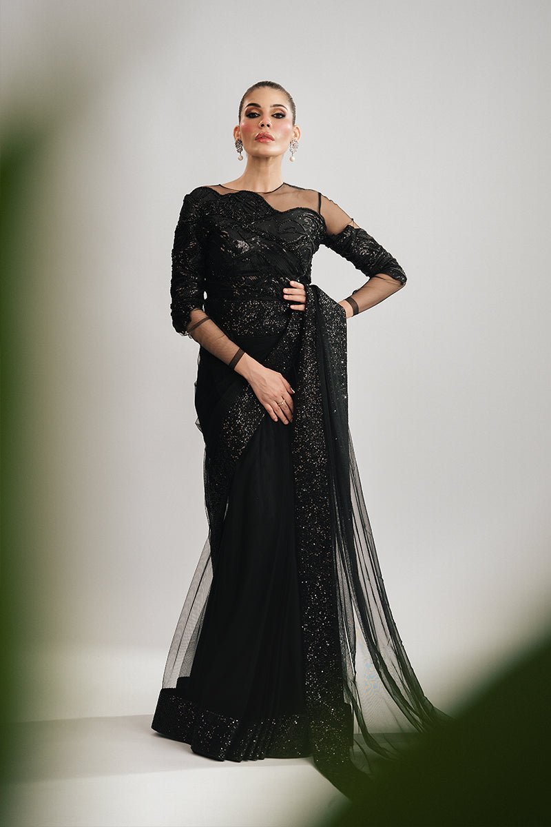 Pakistani Black Sequin Net Saree with Asymmetrical Blouse (3-Piece) - Image 2