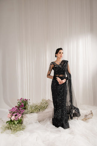 Midnight Black Sequined Net Saree (3-Piece) - Image 2