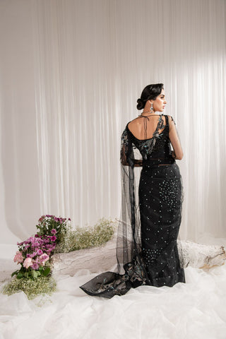 Midnight Black Sequined Net Saree (3-Piece) - Image 3