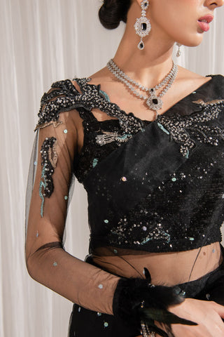 Midnight Black Sequined Net Saree (3-Piece) - Image 4