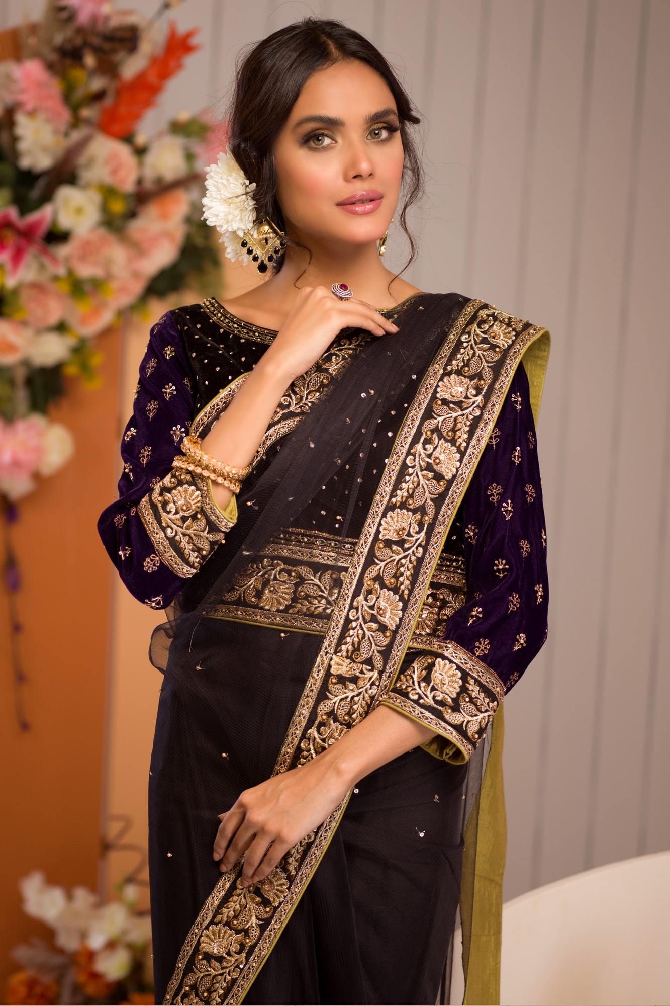 Black Zardozi & Katdana Net Saree (3-Piece) - Image 4