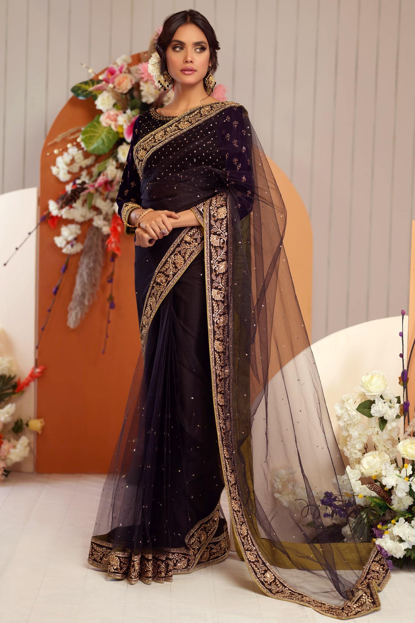 Pakistani Black Zardozi & Katdana Net Saree (3-Piece) - Image 2