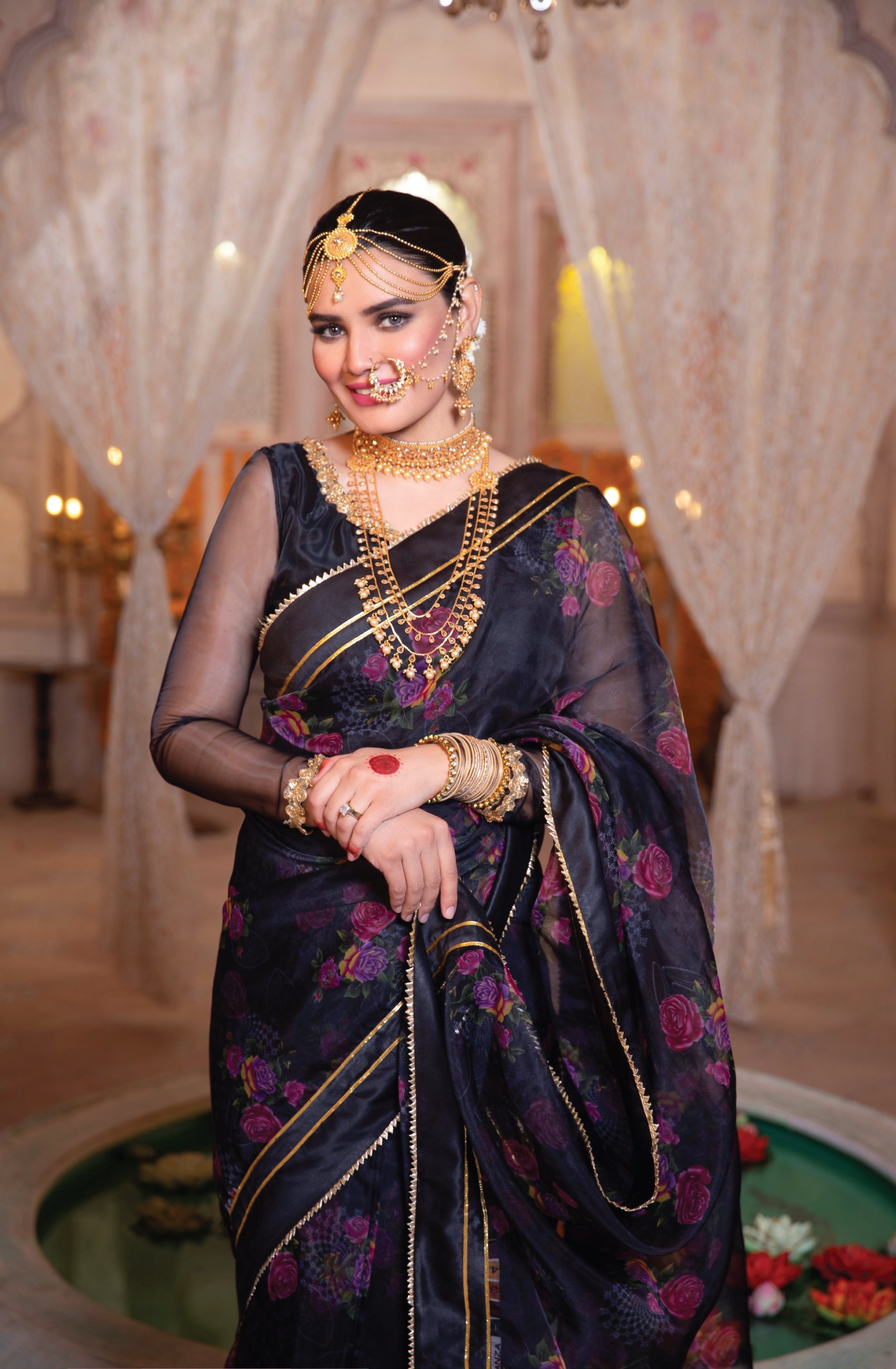 Pakistani Black Printed Organza Saree with Embellished Blouse (2-Piece) - Image 2