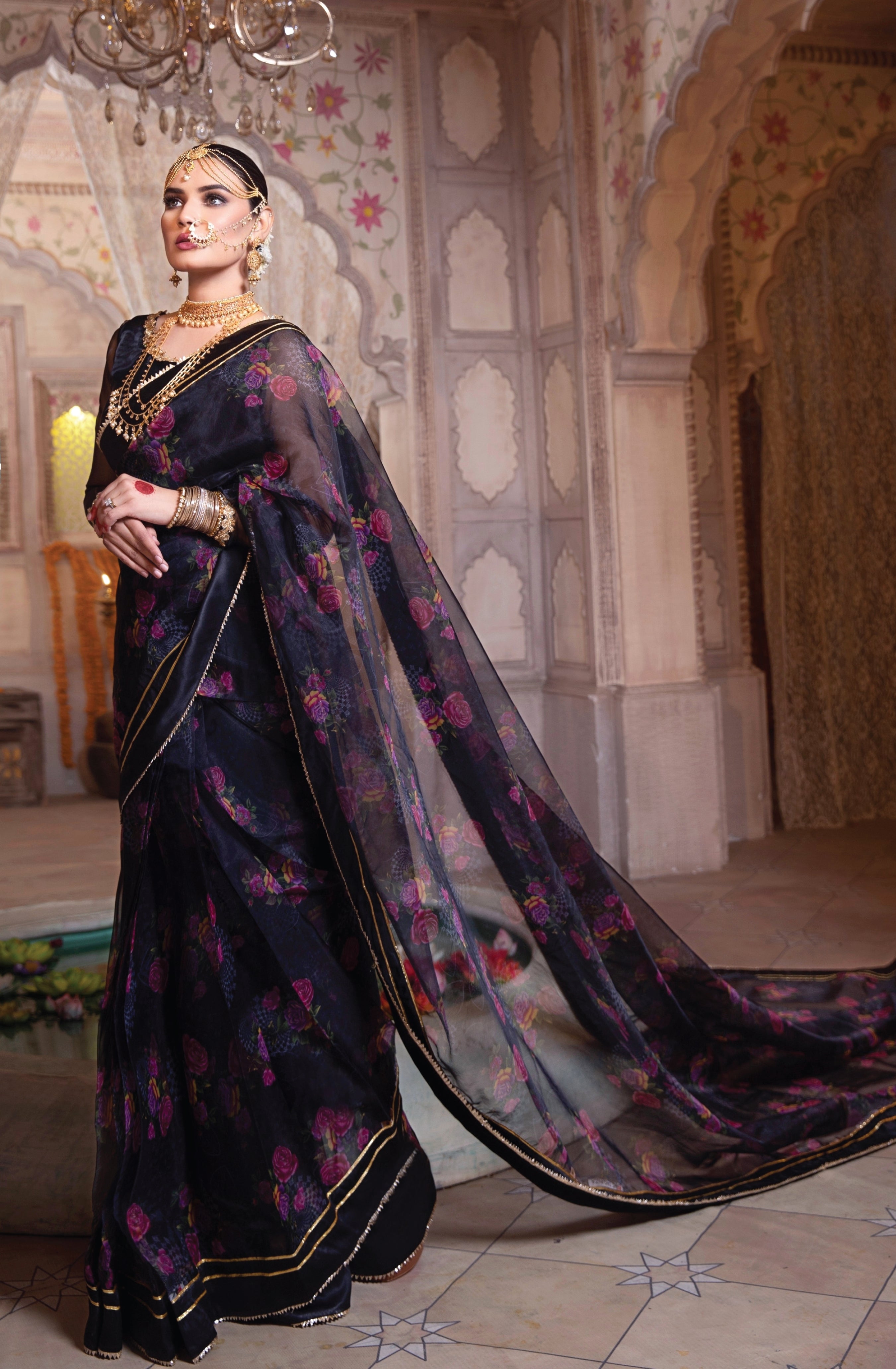 Pakistani Black Printed Organza Saree with Embellished Blouse (2-Piece) - Image 3