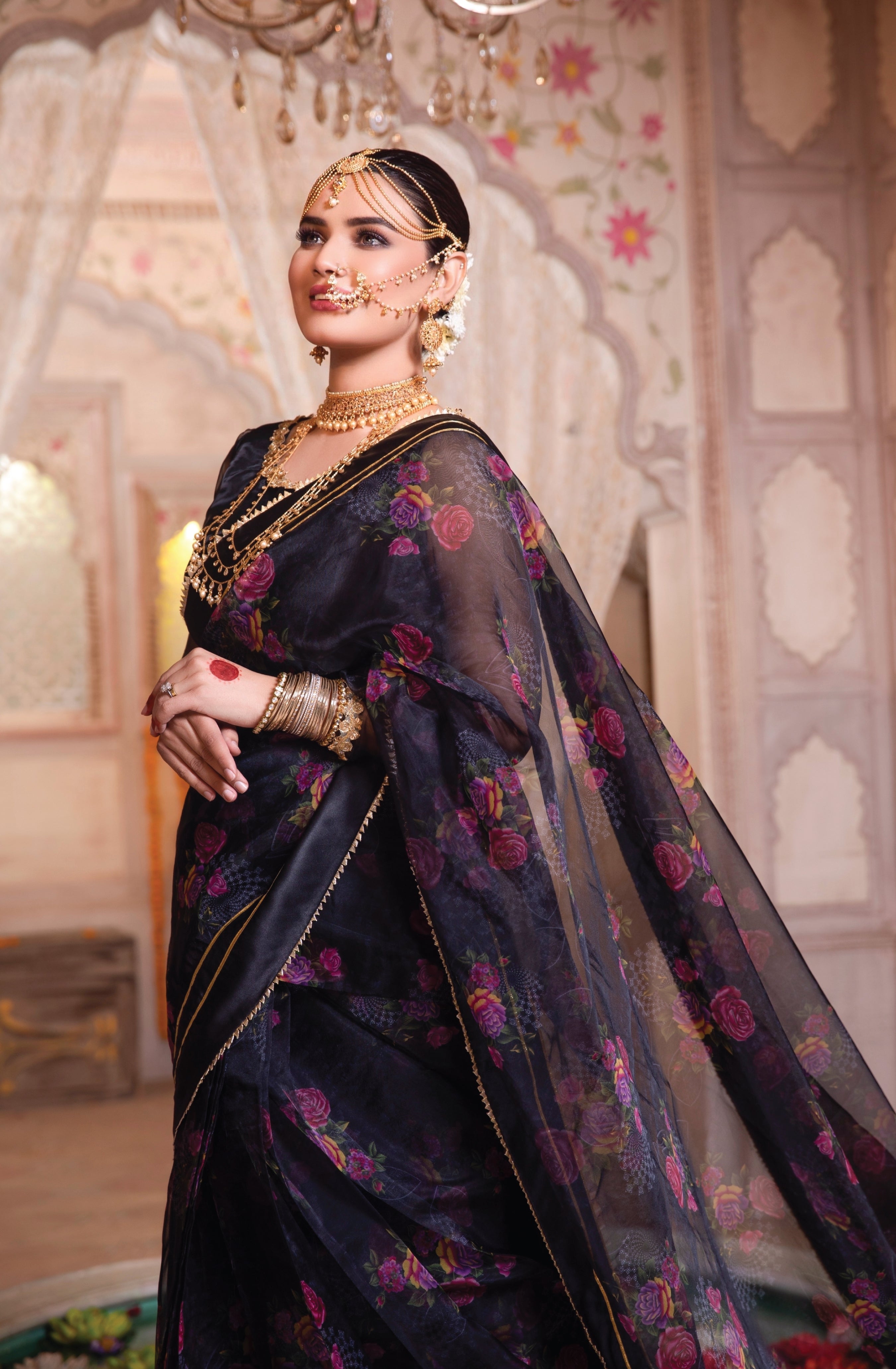 Pakistani Black Printed Organza Saree with Embellished Blouse (2-Piece) - Image 4
