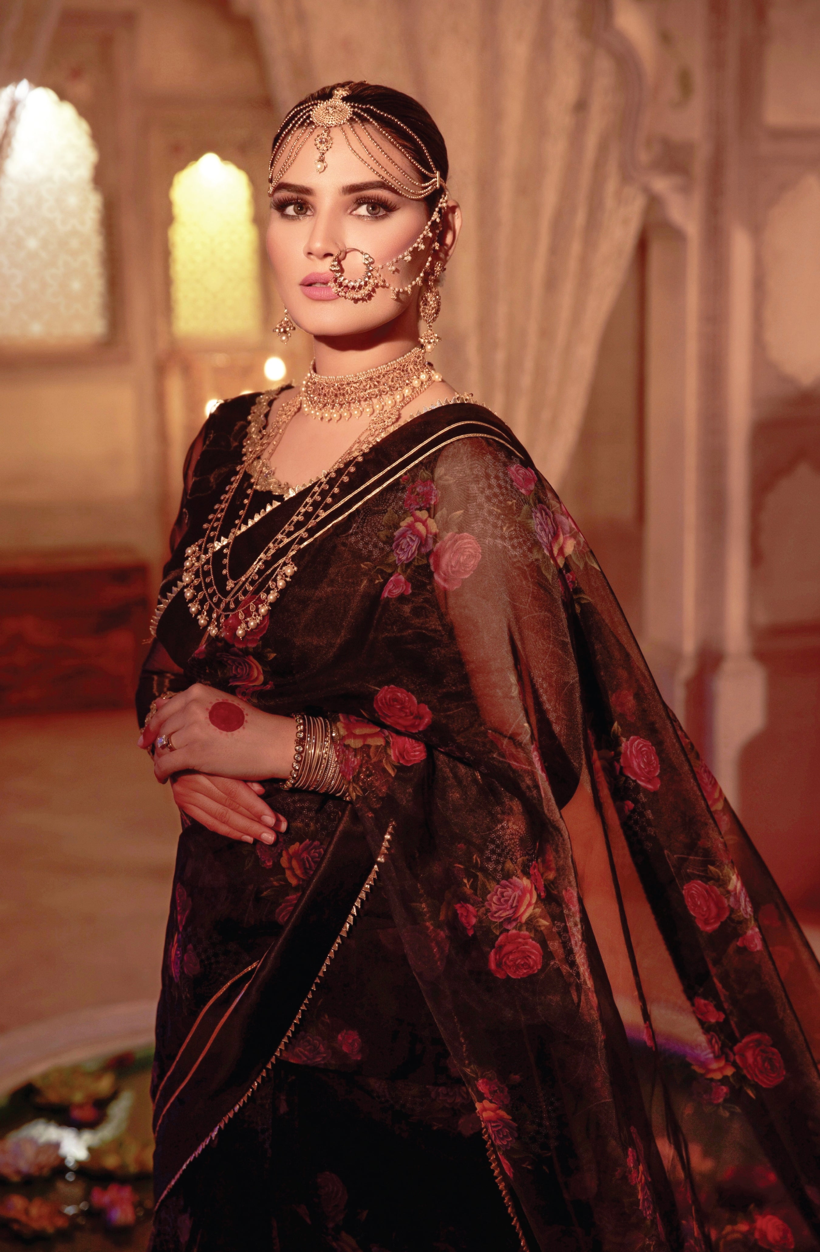 Pakistani Black Printed Organza Saree with Embellished Blouse (2-Piece) - Image 6