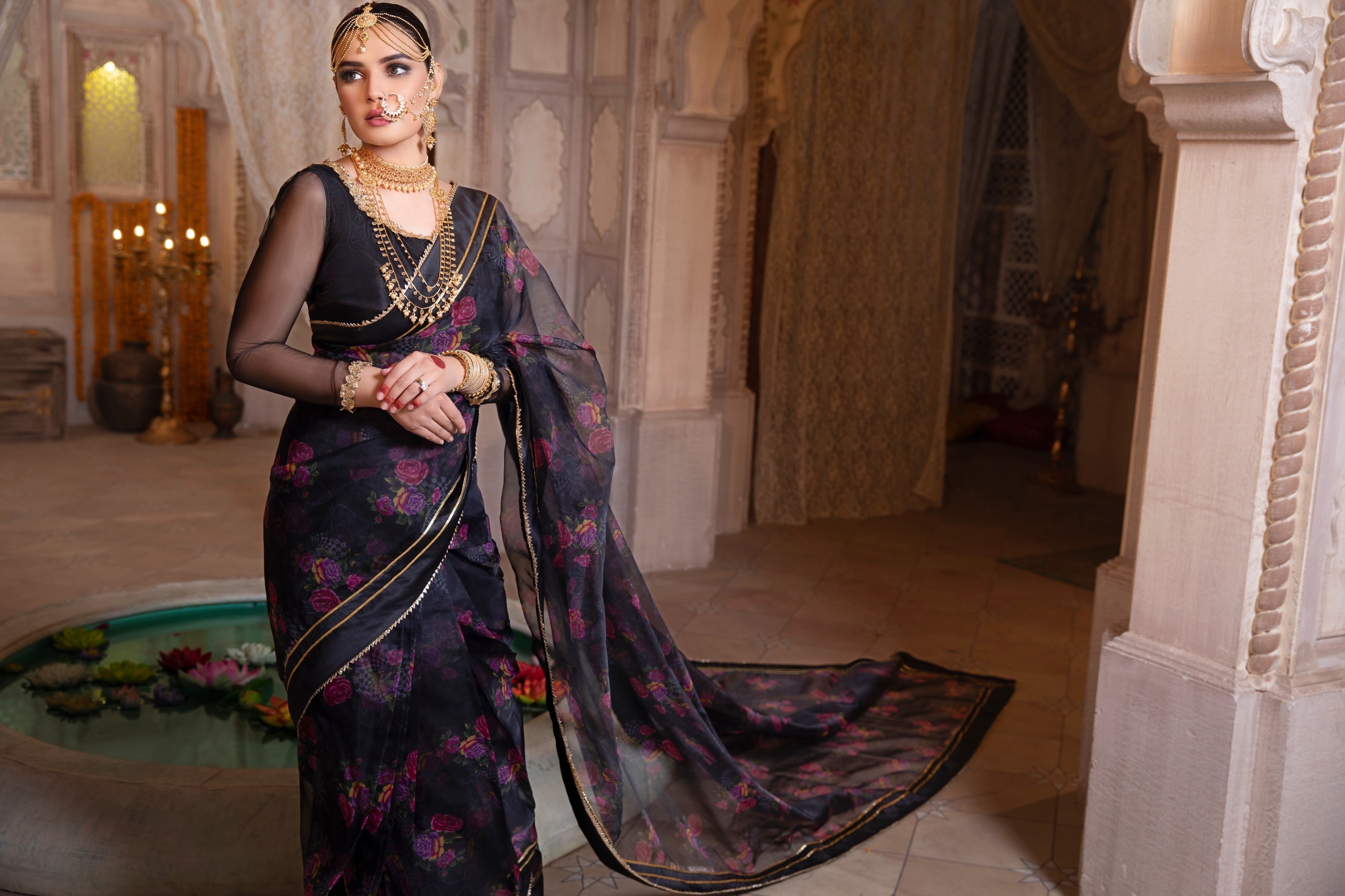 Pakistani Black Printed Organza Saree with Embellished Blouse (2-Piece) - Image 7