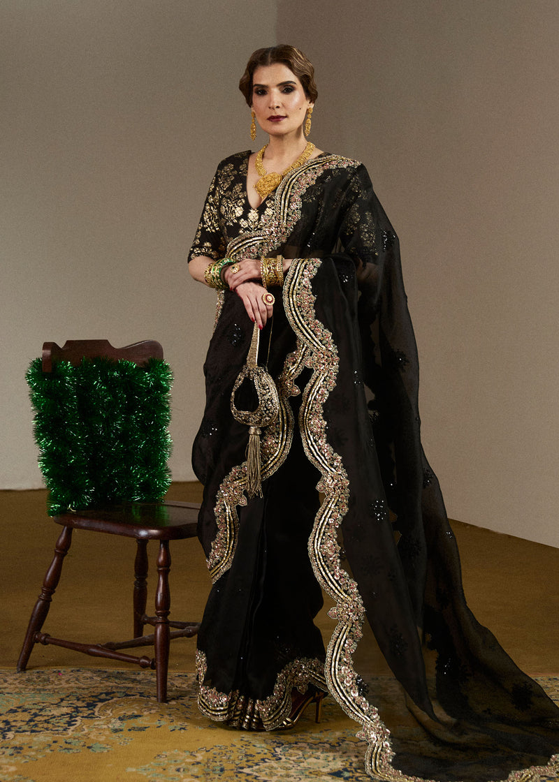 Pakistani Black Embellished Organza Saree with Chanderi Silk Blouse (2-Piece) - Image 1