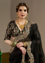 Pakistani Black Embellished Organza Saree with Chanderi Silk Blouse (2-Piece) - Image 3