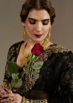 Pakistani Black Embellished Organza Saree with Chanderi Silk Blouse (2-Piece) - Image 6