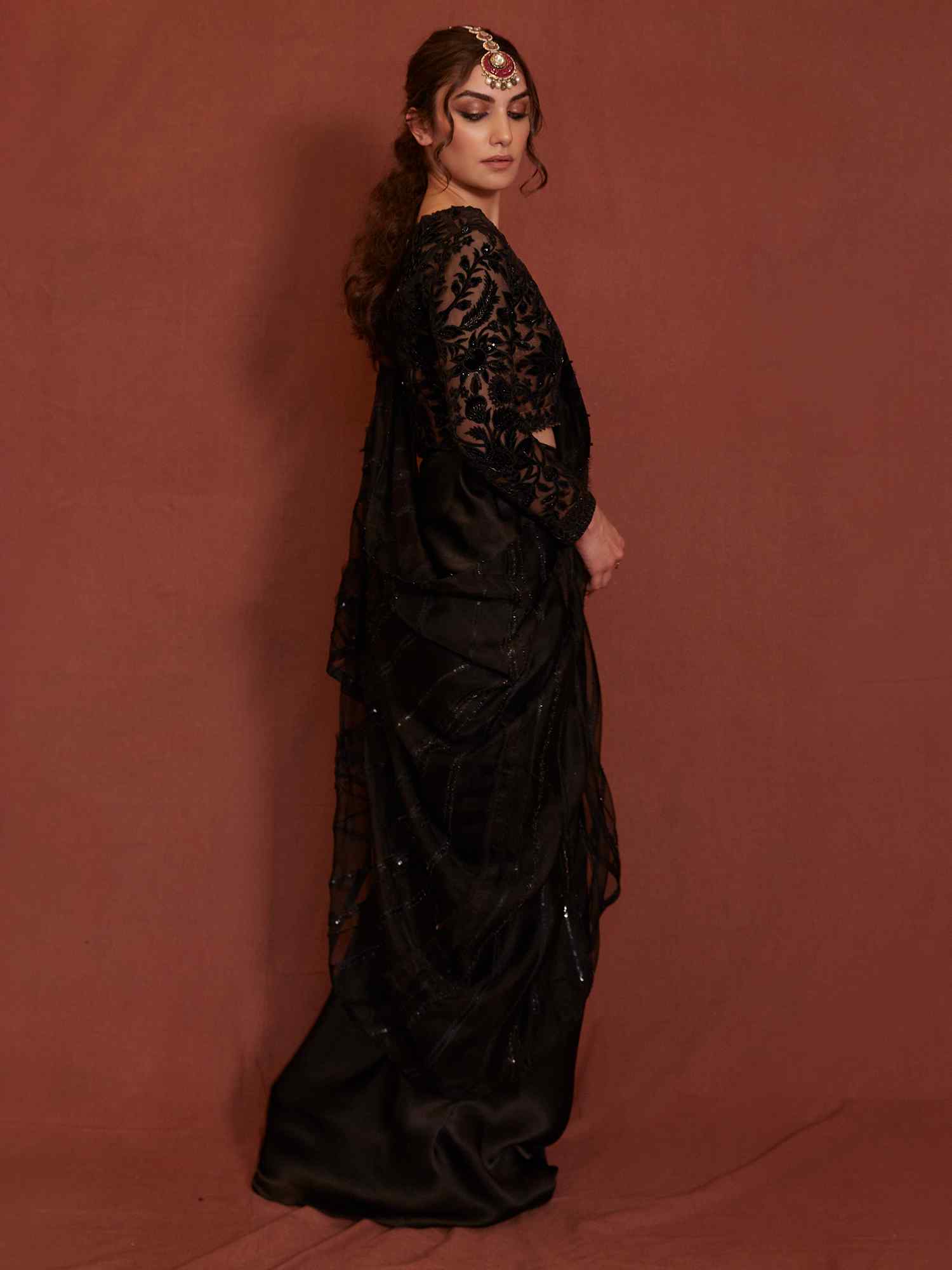 Black Zardozi Organza & Satin Chamois Saree (3-Piece) - Image 3