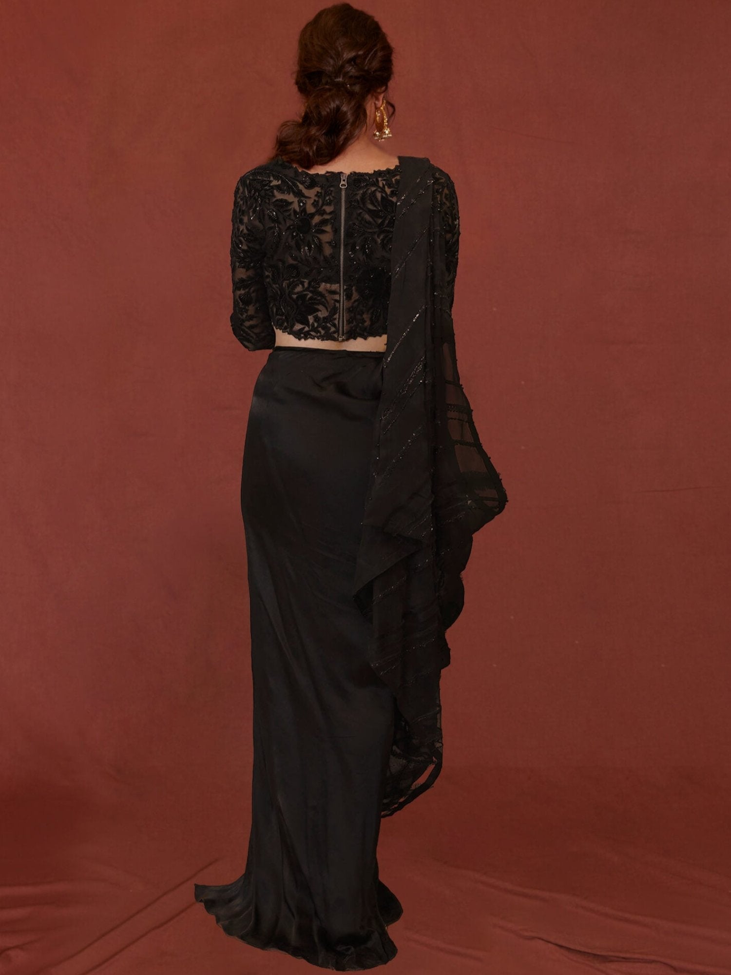 Black Zardozi Organza & Satin Chamois Saree (3-Piece) - Image 4